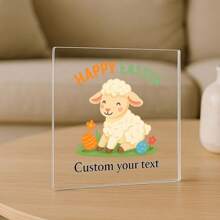 1pc Acrylic Ornaments Easter Acrylic Sign With Custom Text, Happy Easter Clear Block With Eggs And Dots, Personalized Gift For Easter Party Or Spring Holiday Decor