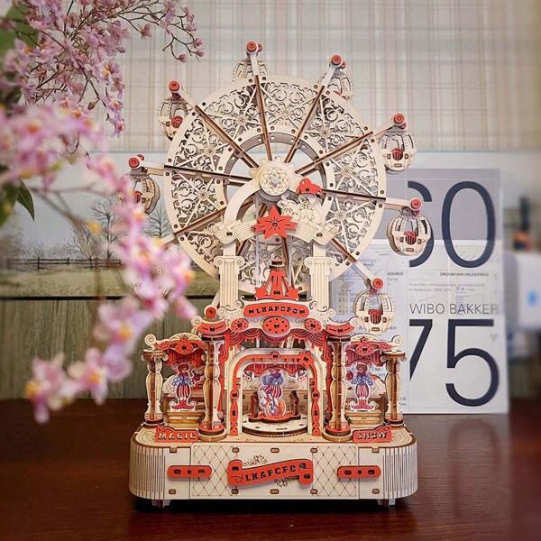 LKAPOPO 391pcs Ferris Wheel Musical Box 3D Wooden Puzzle Assembling Handmade DIY Toy Gift