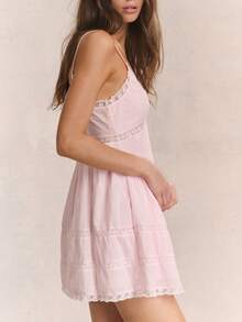 Women Lace V Neck Short Dress Spaghetti Strap Backless Sleeveless Mini Dress Cinched Waist Flowy Beach Dresses - Hồng - Xem 4