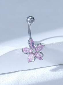 1pc Silver-Plated Copper Shiny Flower Cubic Zirconia Navel Belly Button Ring, Suitable For Ladies Party Decoration - Silver - View 1