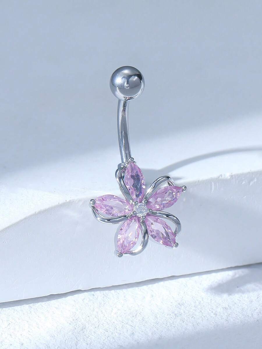 1pc Silver-Plated Copper Shiny Flower Cubic Zirconia Navel Belly Button Ring, Suitable For Ladies Party Decoration - Silver - View 1