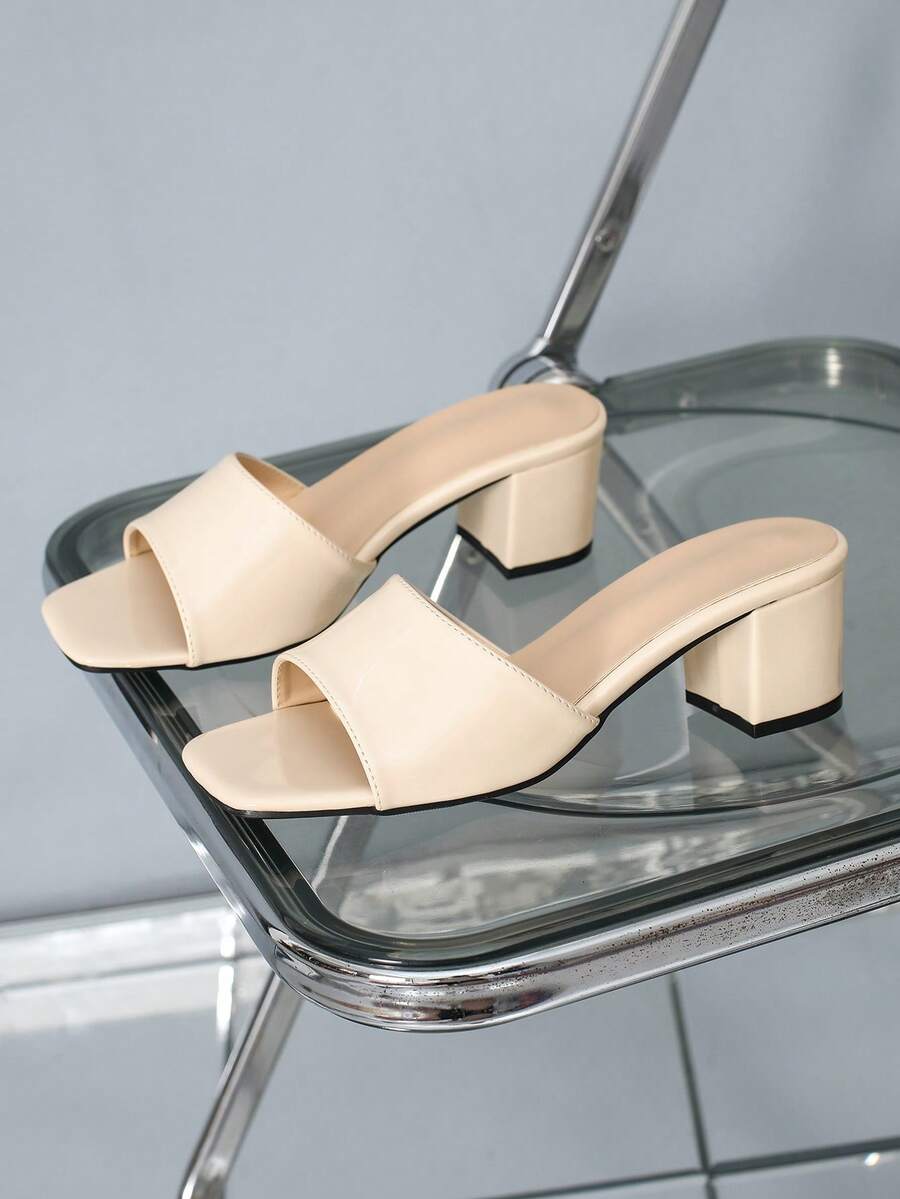 2025 Elegant Women's Beige High Heel Shoes, Fashionable Beige High Heel Sandals, Easy Slip-On Thick Heel Square Toe Mules, Glossy Women Shoes For Summer,Chunky Heels