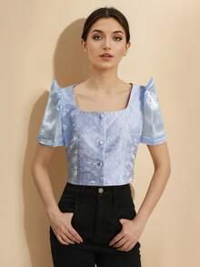 Amyenjoylife 现代菲律宾风优雅提花短袖衬衫，夏季 - 藍色 - 查看 4