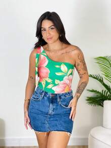 Women's Printed Macaw Bodysuit Summer  One-Shoulder Top With Single Strap - Emerald Garden - View 4