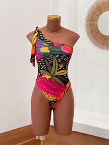 Women's Printed Macaw Bodysuit Summer  One-Shoulder Top With Single Strap - Pink Toucan Collor - View 1