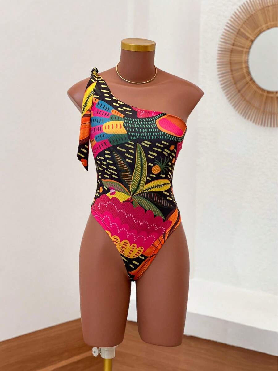 Women's Printed Macaw Bodysuit Summer One-Shoulder Top With Single Strap - Pink Toucan Collor - View 1