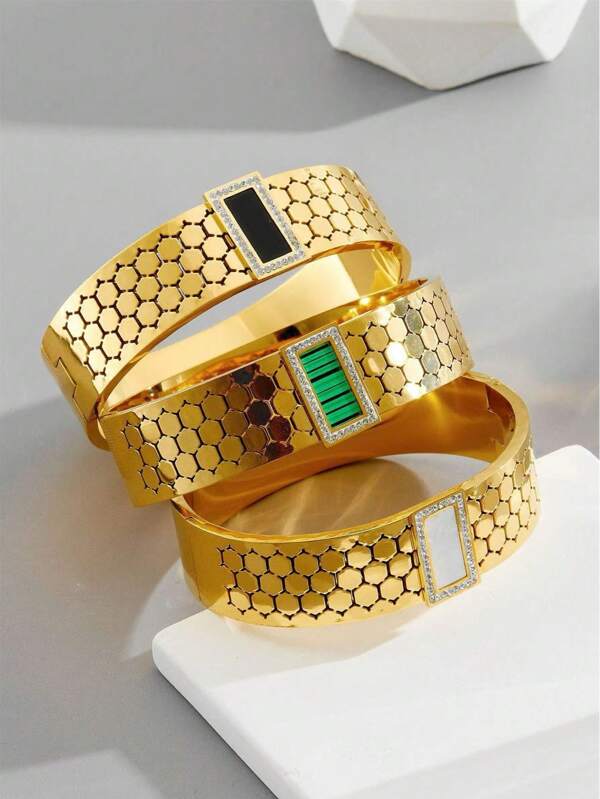 1 pièce Bracelet large en acier inoxydable plaqué or avec motif en nid d'abeille serti, bijou de luxe minimaliste pour femme