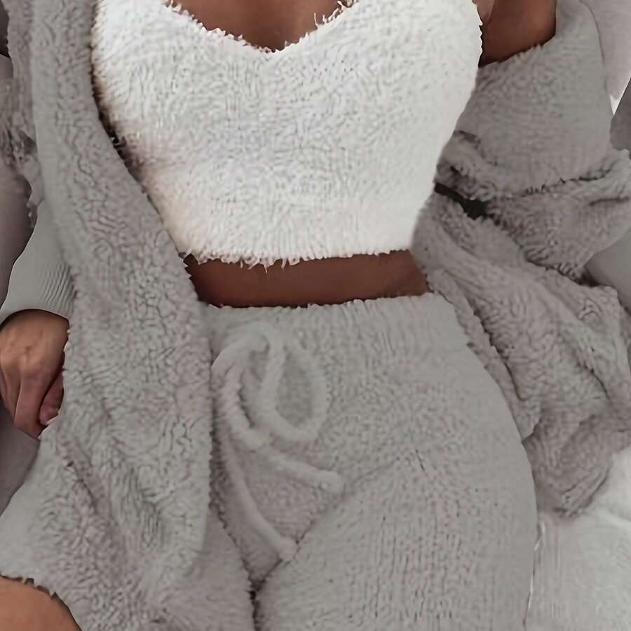 3pcs Womens Clothing Long Sleeve Crop Tank Top And Drawstring Shorts Pajama Set - Xám - Xem 1
