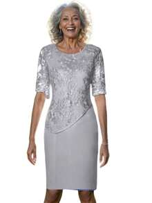 Party Dress Lady Plus Size Godmother Elderly Mothers Grandmother Casual Elegant Gold Silver Wedding Gold Lace Two Pieces Dress + Lace Blouse Overlay Comfortable Luxury Premium Quality - 銀色 - 查看 1