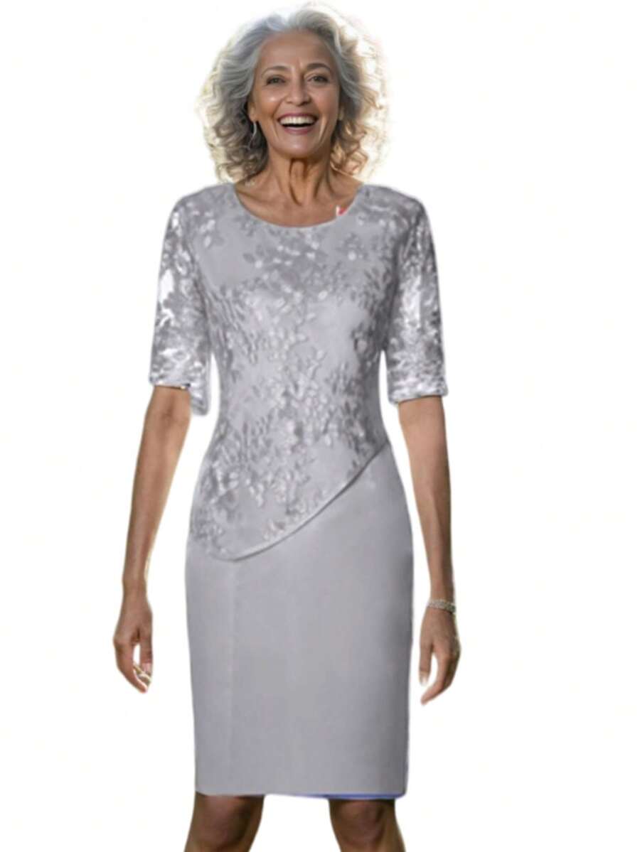 Party Dress Lady Plus Size Godmother Elderly Mothers Grandmother Casual Elegant Gold Silver Wedding Gold Lace Two Pieces Dress + Lace Blouse Overlay Comfortable Luxury Premium Quality - 銀色 - 查看 1