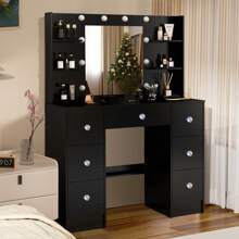 Dressing Table Makeup Vanity Desk Set With Dresser Mirror 3 Color Lights - Large Dressing Table Set & LED Makeup Mirror Drawers Vanity Desk For Bedroom
