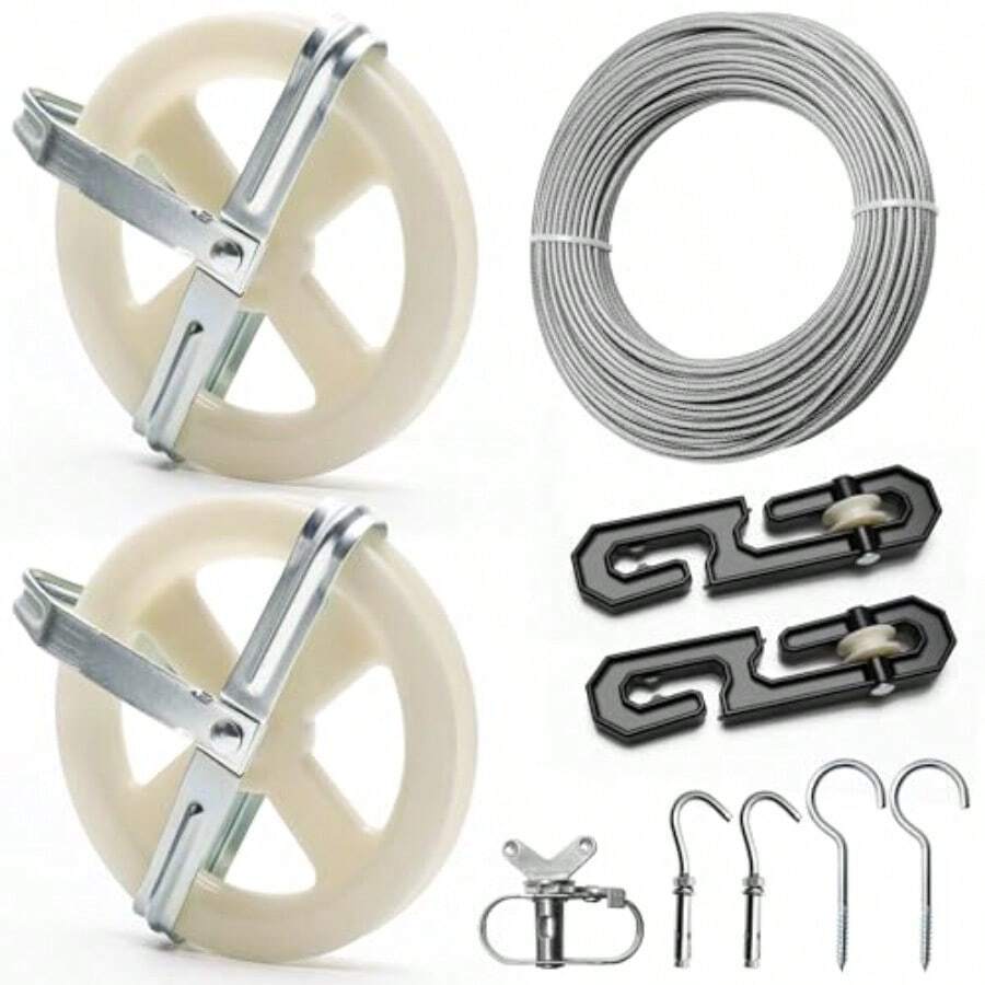 Hkr5748 Outdoor Clothesline Kit Clothesline Pulley Kit Include 150FT Clothes Line 2 Pulley 2 Separator Spreader Tightener 4 Hooks For Outdoor Clothes - Black+White - View 1