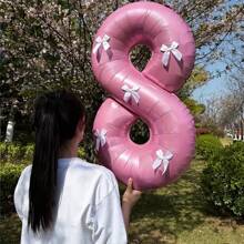 1 Pc 32 Inch Pearl Pink Number Foil Balloon & 5 Pcs White Bow Combination Set, Suitable For Wedding, Birthday, Anniversary, Graduation, Summer Party Decoration