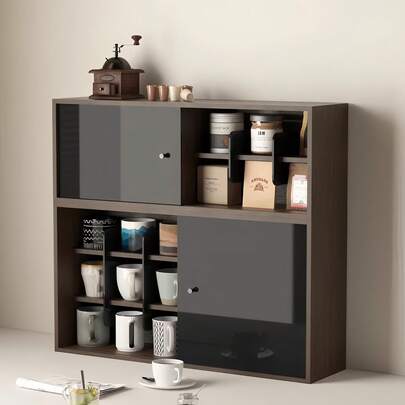Vintage Wooden Cup Display Shelf Set - Multi-Tier Mug Organizer Rack With Dust-Proof Design, Wall Mount Cabinet & Desktop Stand, Sliding Door Kitchen Tea Coffee Station Storage.
