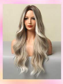 Einfach zu tragende, lange lockige 26-Zoll-Perücken für Frauen mit braunem und blondem Farbverlauf-Farbverlauf ohne Pony, hitzebeständiges synthetisches Haar, verstellbarer Kopfumfang, für Cosplay, Fotografie, Reisen