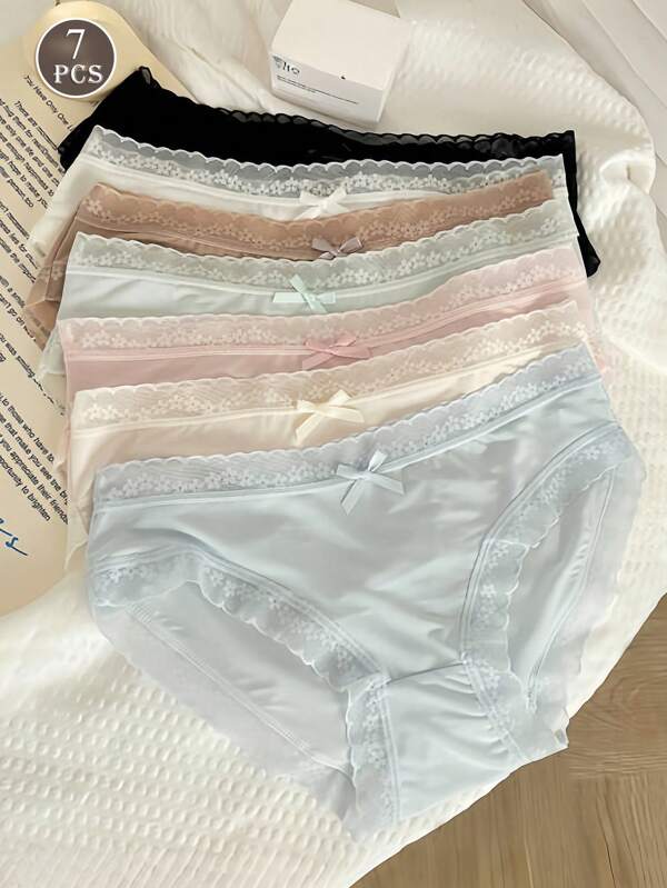 7pcs/Pack Women's Lace Trim Solid Color Seamless Briefs, Breathable & Comfortable, Mid-Waist