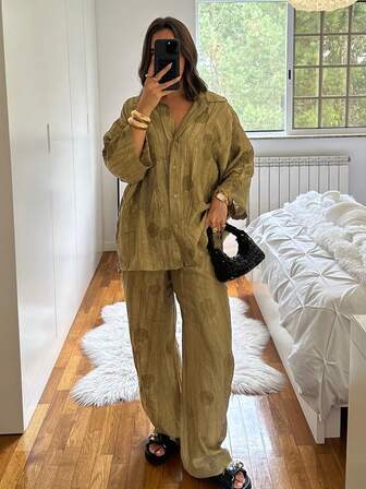 Women's Casual Front Button Loungewear Set, Suitable For Daily Wear, Sleepwear, Spring/Summer/Autumn