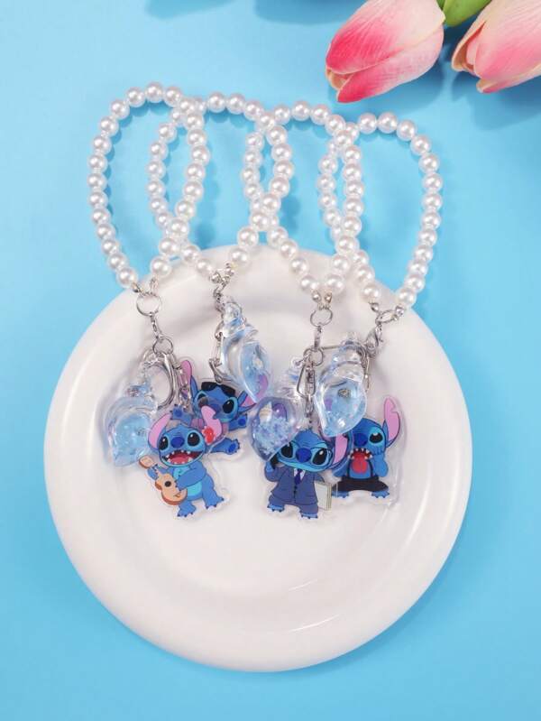 Disney 1pc/4pcs Stitch Pearl Bead Keychain Pendant, Luxury Collegiate Style Keyring Accessories, Great For Backpack/Bag, Back To School Gift