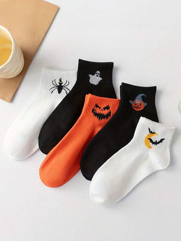 5 pares de calcetines divertidos tipo tripulación para hombres con patrones aleatorios de fantasmas y calabazas de Halloween, transpirables y de secado rápido, adecuados para fiestas de Halloween y uso diario