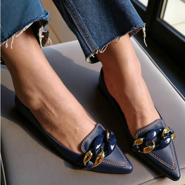 Sapatilha Mocassim Bico Fino Michelle Azul Marinho | Corrente Color no Meio – confortável, casual