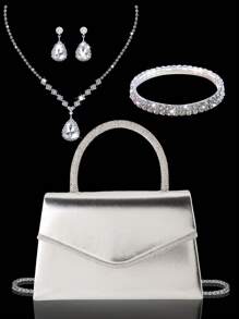 Elegante nuevo estilo de bolsos de mujer, bolsos de noche, bolsos de fiesta. Bolsos de fiesta de moda de PU con pedrería, bolsos de graduación. Conjunto de tres piezas con bolso de cadena para el hombro elegante y avanzado, colgante de pedrería brillante. Juego de collar, aretes y pulsera con colgante de pedrería avanzado, adecuado para fiestas, bodas, cenas, reuniones.