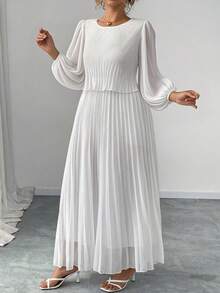 Vestido largo de manga larga de gasa blanca con perlas, dulce y elegante - Blanco - Ver 4