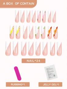24pcs Long Square French Press On Nails | 3D Colorful Floral & Rhinestone Design | Sparkling Gem Full Cover Set Glue & File | Elegant False Nails For Women Daily Party