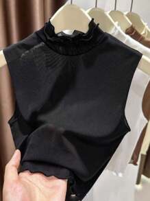 1pc Women's Slim Fit Sleeveless Knit Top With Double Ruffle Hem & Detachable Collar