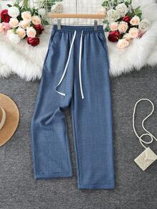 欧美风女式抽绳腰休闲口袋裤 春季款 - 藍色 - 查看 4