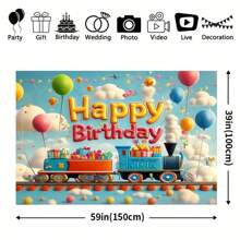 1 Stück Hintergrund mit blauem Himmel, weißen Wolken und Luftballon, kleiner Zug voller Geschenke, Geburtstagsfeierbanner, Party, Heim- und Bürozelebrationshintergrund