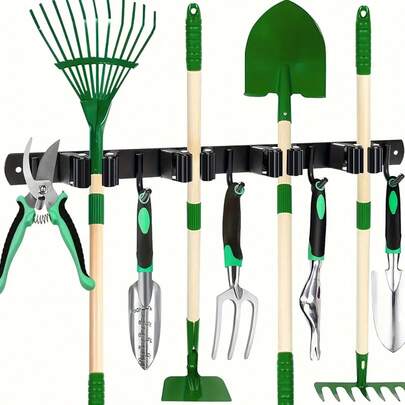1pc Tool Organizer Rack With 4 Slots And 5 Hooks For Wall Mounted Storage Of Garden Tools, Brooms, Mops And Garage Equipment, Tool Organizer Rack Storage