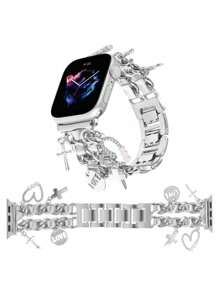 Silver Metal Band Compatible With Apple Watch Bands 49/46/45/44/42/41/40/38mm Women,Stylish Love With Cute Charms Pendants Dressy Wristband For Series 10 Ultra 2 9 8 7 6 5 4 3 2 SE