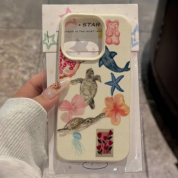 1pc Minimalist Leather Texture Customized Phone Case With Turtle, Starfish, Flower, Bear Graphic, Fits For IPhone 16 Pro Max, 15/14 Plus, 13, 12, 11