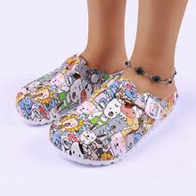 Cartoon Print Casual EVA Women Clogs, Close Toe Flat Heel Slip-On Clogs, All-Season Indoor Comfort Nurse Shoes Lightweight Waterproof Mules Clogs For Beach Wear - 彩色 - 查看 3