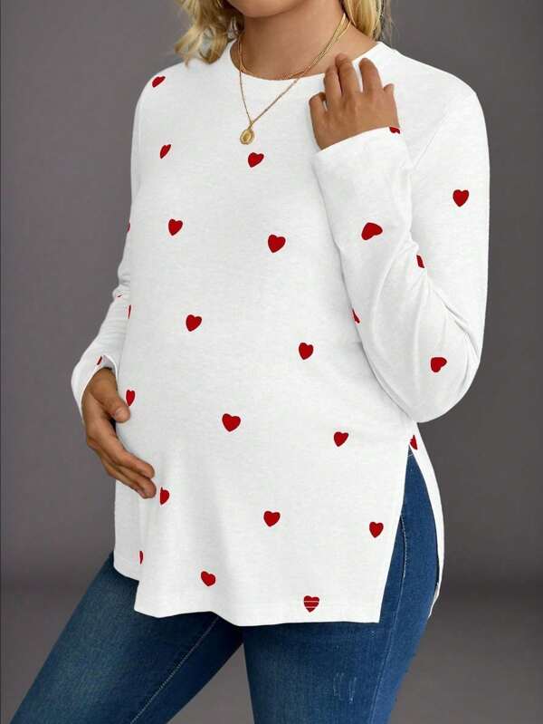 Pregnant Women's Heart Print Long Sleeve Casual Sports Top