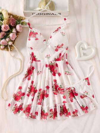 2 Pieces Sexy Lingerie Sleepwear Set - Complete Two Pieces Ensemble With Coordinating Thong Panty, Delicate Ruffled Hemline, And Easy-Adjust Straps For A Perfect Fit - Vibrant Floral Pattern, Sultry Nighttime Dress For Women