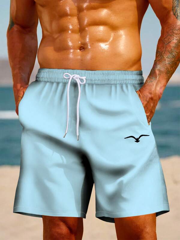 Shorts holgados de una sola capa para uso diario, ocio y vacaciones, con estampado 3D digital de gaviota, cintura con cordón, talla grande para hombre
