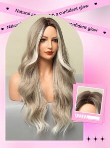 Einfach zu tragende, lange lockige 26-Zoll-Perücken für Frauen mit braunem und blondem Farbverlauf-Farbverlauf ohne Pony, hitzebeständiges synthetisches Haar, verstellbarer Kopfumfang, für Cosplay, Fotografie, Reisen