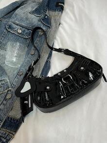 1pc Women's Vintage Moto Rocker Rivet Decor Adjustable Strap Large Capacity Soft Faux Oil Wax Leather Ombre Crossbody Bag, Suitable For Work Commute, Date, Party - Black - View 7