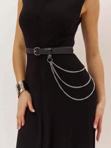 Adjustable Women's Waist Belt With Chest Decor, PU Leather With Metal Chain, Sexy Style Accessories