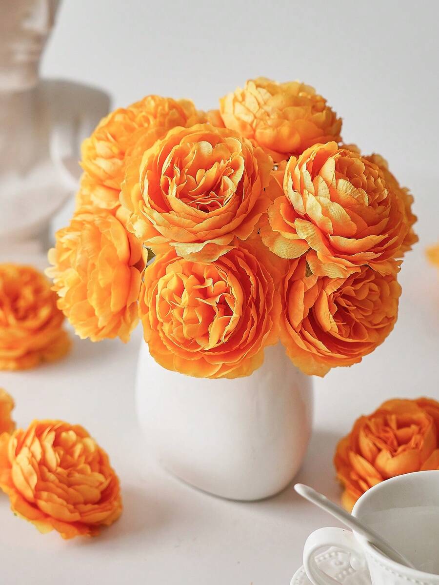 12/24 件仿真牡丹花，带茎，用于婚礼派对装饰、蛋糕装饰和家庭客厅餐桌中心装饰、假植物、秋季装饰、房间、书桌、花园装饰、房间装饰用品 - 亮橙色 - 查看 1