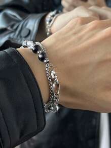 1 Stück Armband aus Titan-Stahl mit Doppelschicht Krakelee-Perlen, Unisex Street Hip Hop Stil Schmuckzubehör