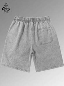 Men's Graphic Washed Shorts, Vintage Letter Print Casual Cotton Drawstring Shorts - 灰色 - 查看 2