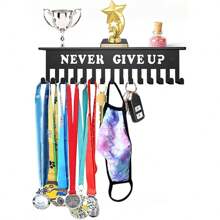 15-Hook Medal Display Rack, Medal Hanger Rack, Never Give Up, Steel Wall Mount Frame For Over 90 Medals, Medal Display Rack For Running Competitions
