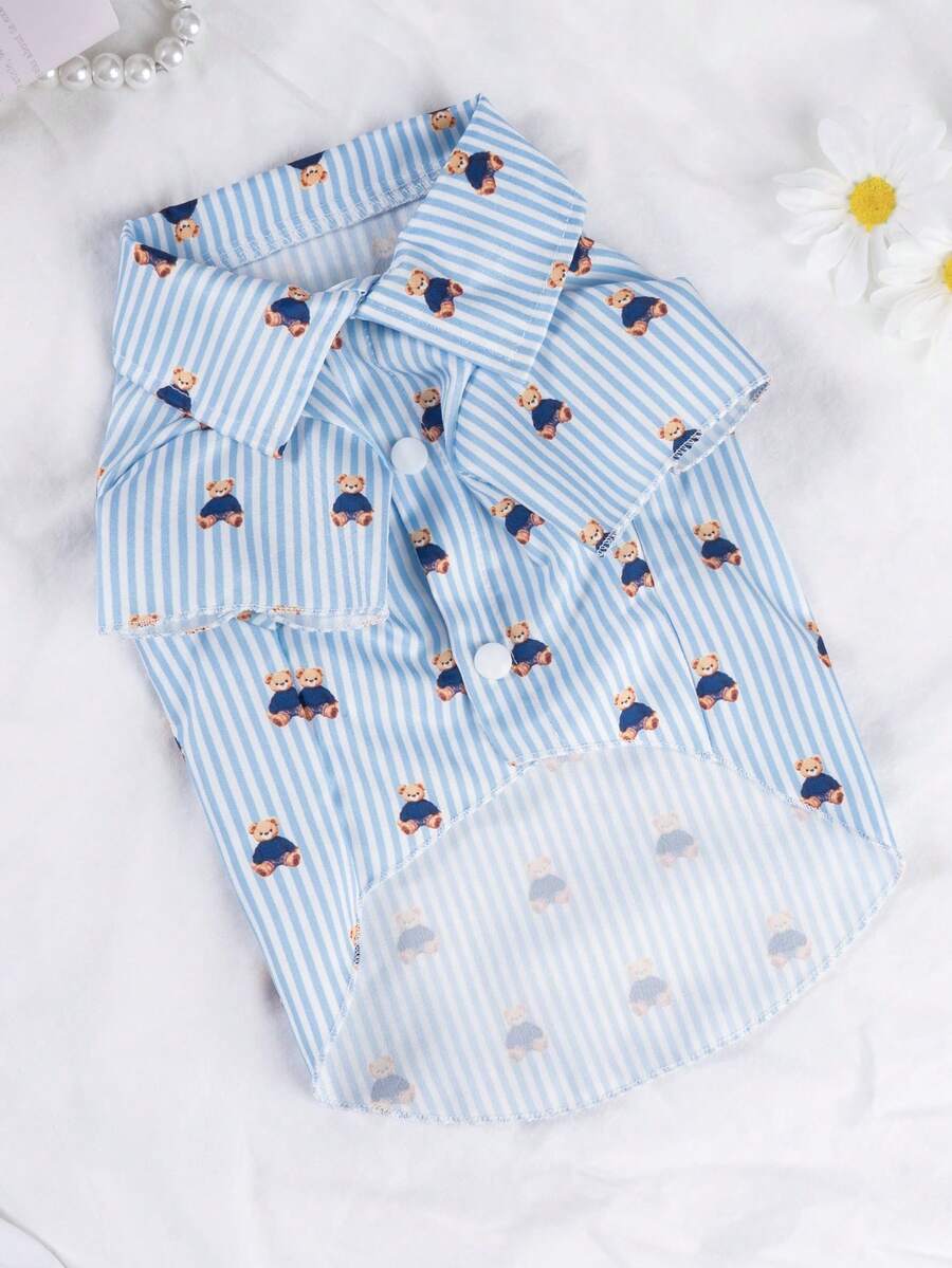 1pc Teddy Bear & Striped Print Pet Shirt Costume, Suitable For Indoor & Outdoor Wearing Cat Dog - Multicolor - View 1