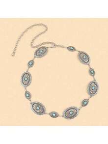 Turquoise Green Engraved Silver Waist Chain, Elegant Geometric Embossed Belly Chain Decorative Accessory For Women, Middle Eastern Style Summer - Antique Silver - View 4