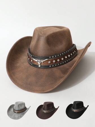 1pc Women's Quality PU Leather Band Decorated High-End Cowboy Hat, Fashionable New Western-Style, Unisex Jazz Hat, Suitable For Daily Wear, Western Themed Events, Parties, Festivals, Music Festivals