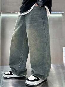 青少年男孩宽松口袋纯色牛仔阔腿裤