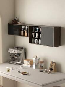 Estante vintage de madera para exhibir tazas - Organizador multi-nivel a prueba de polvo para tazas, con soporte de pared y de escritorio, armario con puerta corrediza, estación de almacenamiento de té y café de cocina.