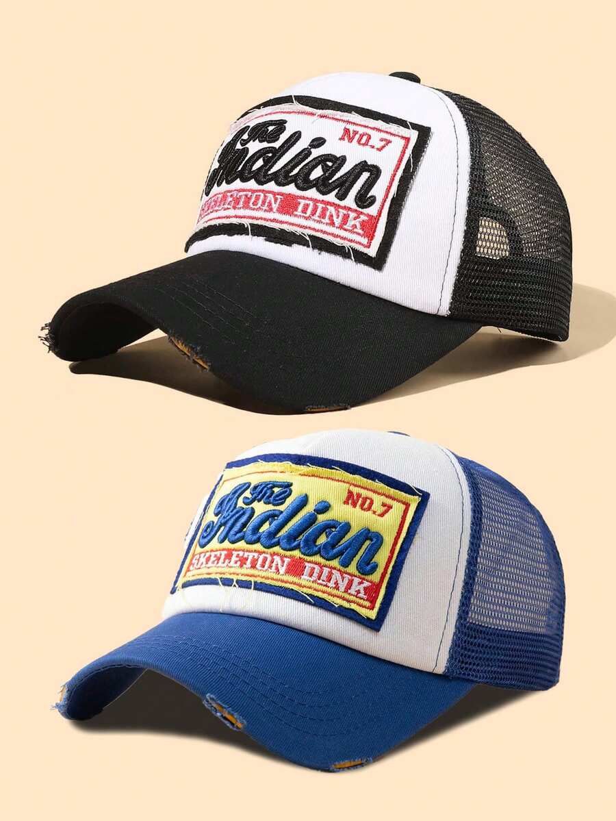 2 件男女通用户外休闲可调节透气印花字母网眼太阳帽，适合日常佩戴